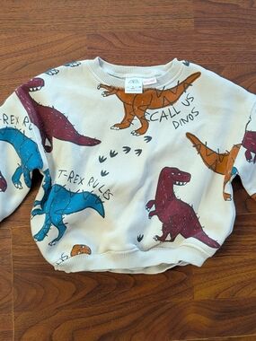 Zara Cream Sweatshirt with Multicolor Dinosaur Print (Blue, Burgundy, Orange)